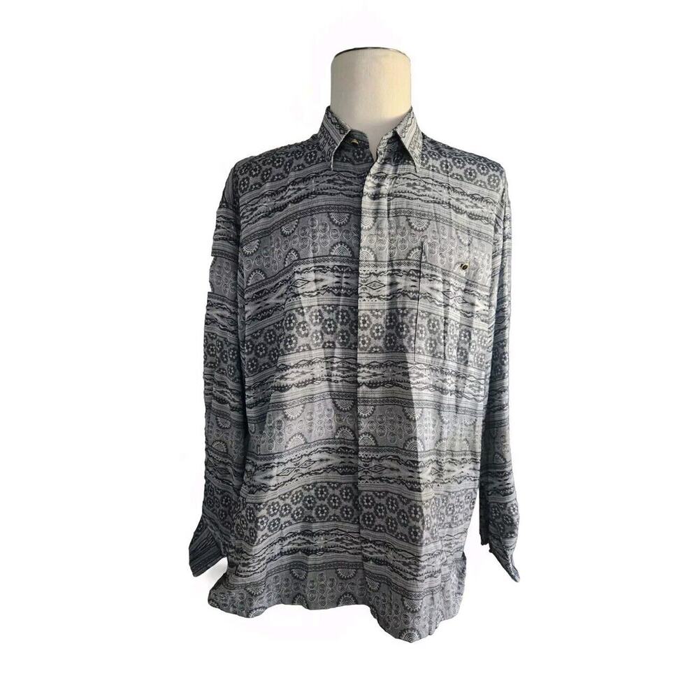Vtg NWT Alan Stuart Mens Shirt Long Sleeve Button Down Gray L Floral Geo Print